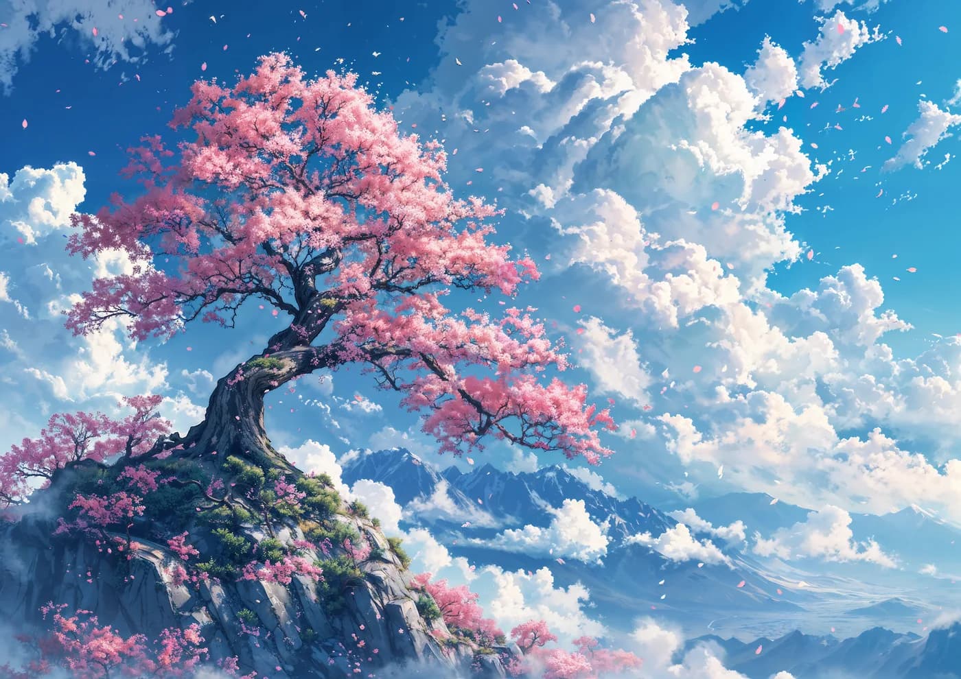 A serene Japanese mountain landscape framed by vibrant pink cherry blossoms and distant peaks