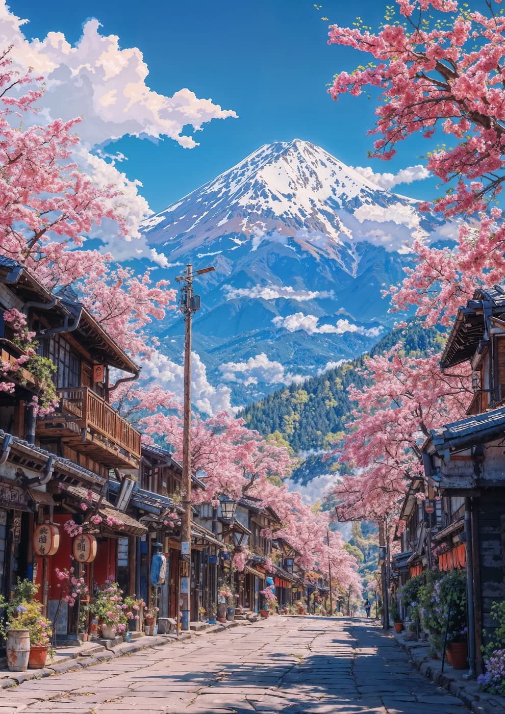A picturesque Japanese village adorned with cherry blossoms in full bloom, set against Mount Fuji
