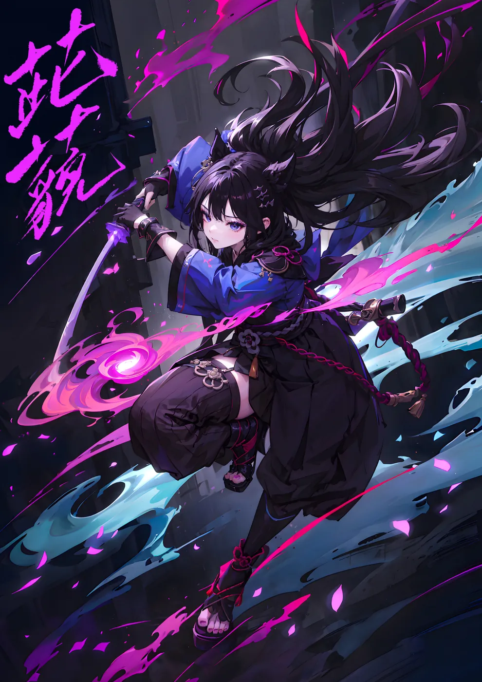 A purple-toned anime cat-girl shinobi design combining playful character styling with a stealth-inspired ninja theme