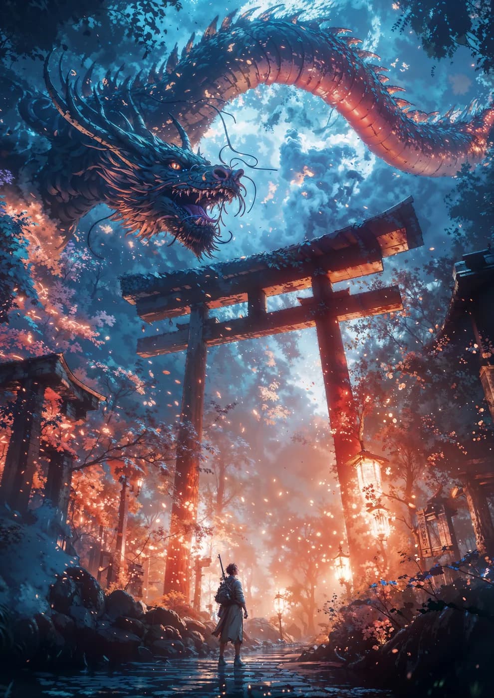 A majestic, blue-grey dragon with glowing orange scales fills the sky above a traditional Japanese shrine. The dragon's head is turned towards the viewer, its mouth open in a me...