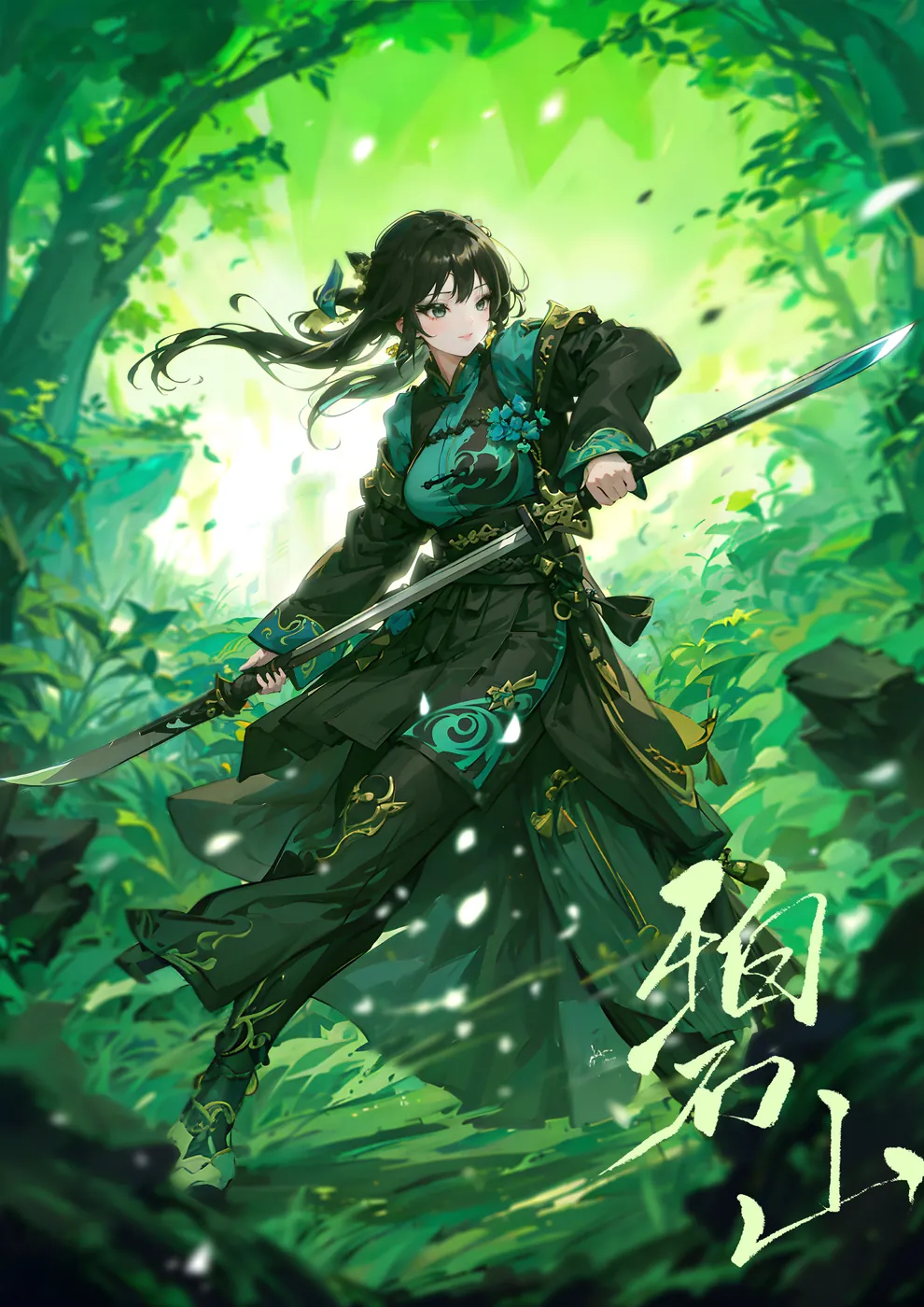 A forest-green anime ninja portrait built around a quiet, nature-toned shinobi aesthetic