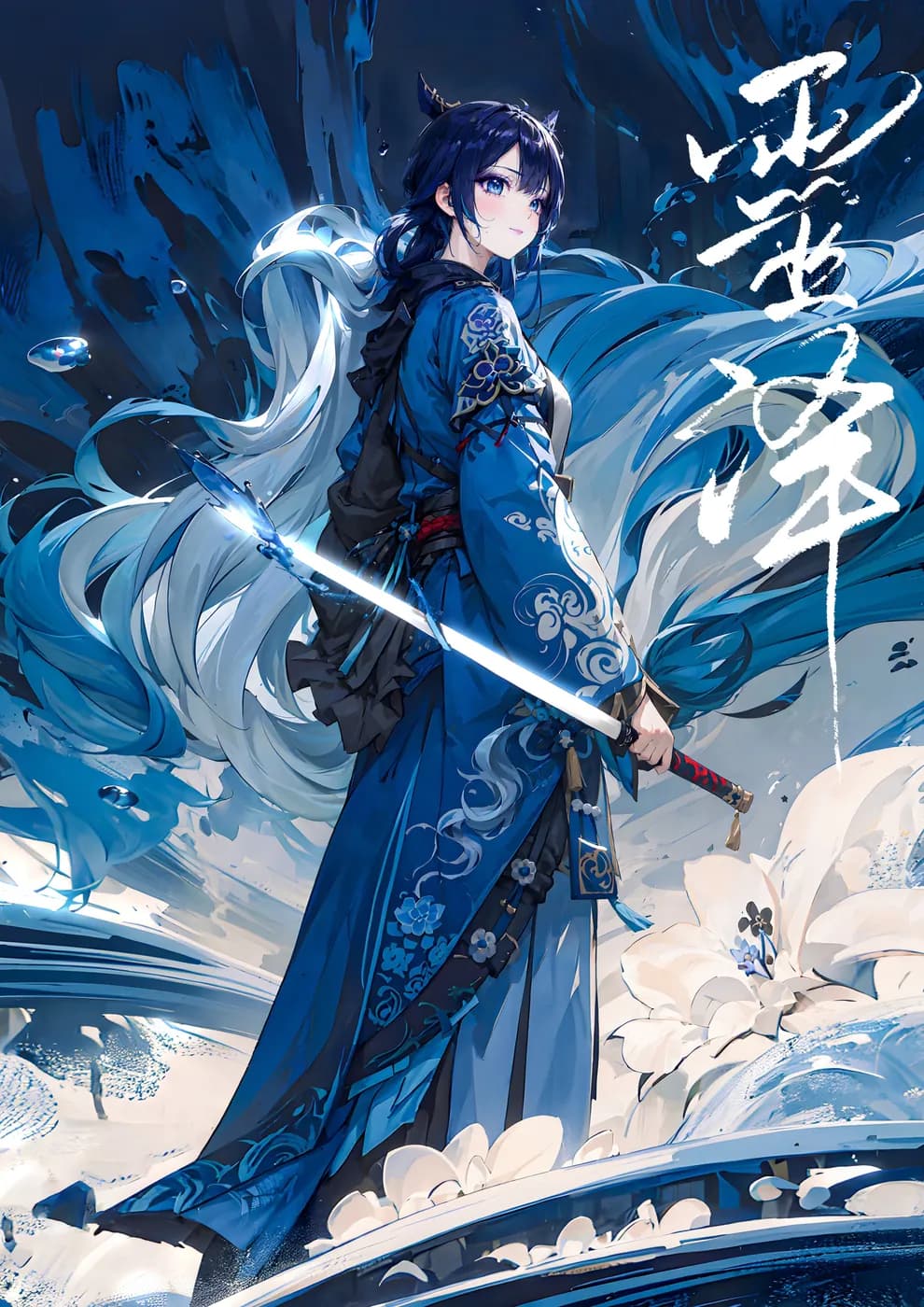 An ice-blue anime ninja design with a cool, water-inspired visual identity