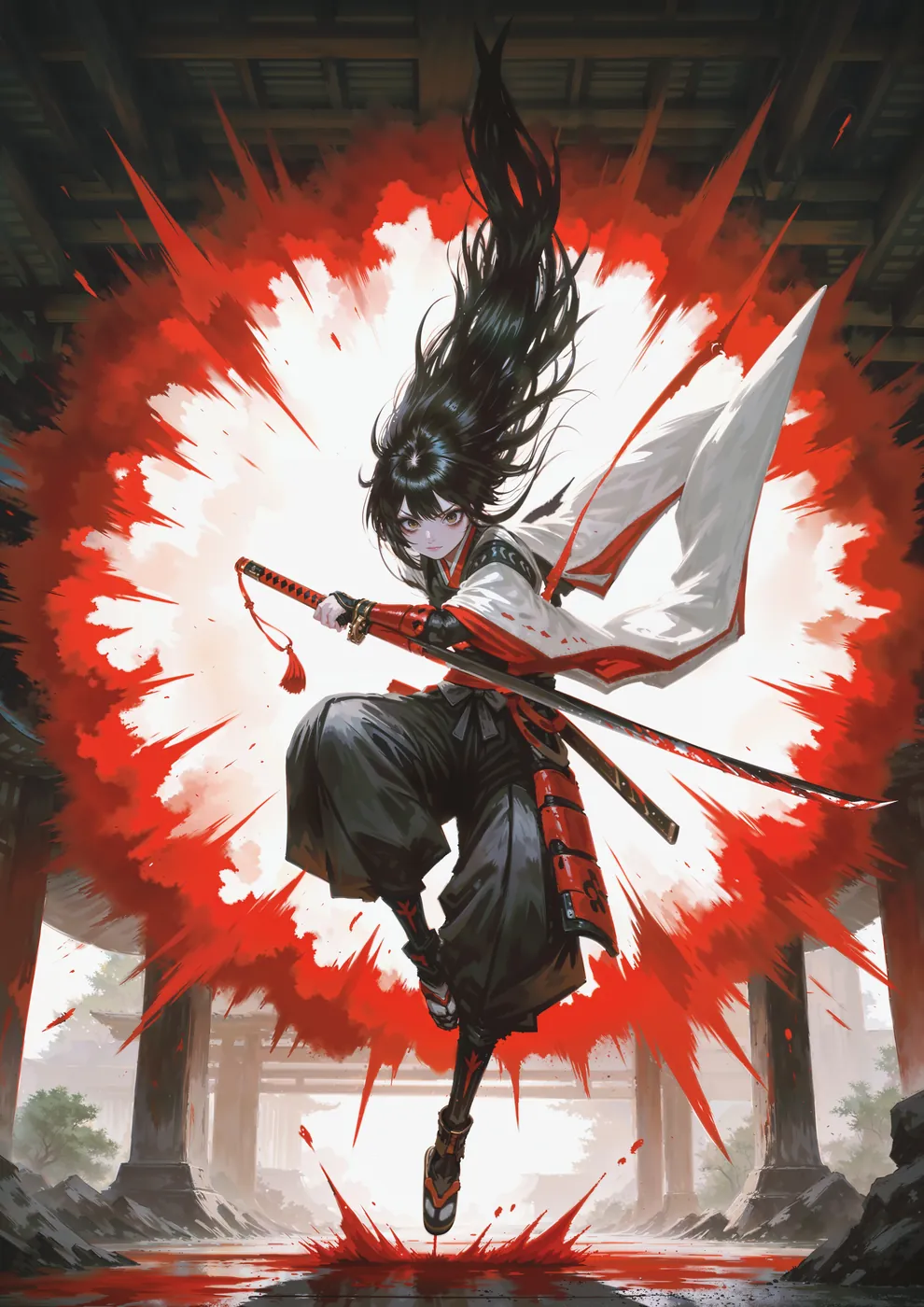 A young woman in samurai attire leaps with a katana as red-and-white energy erupts behind her in a traditional Japanese setting