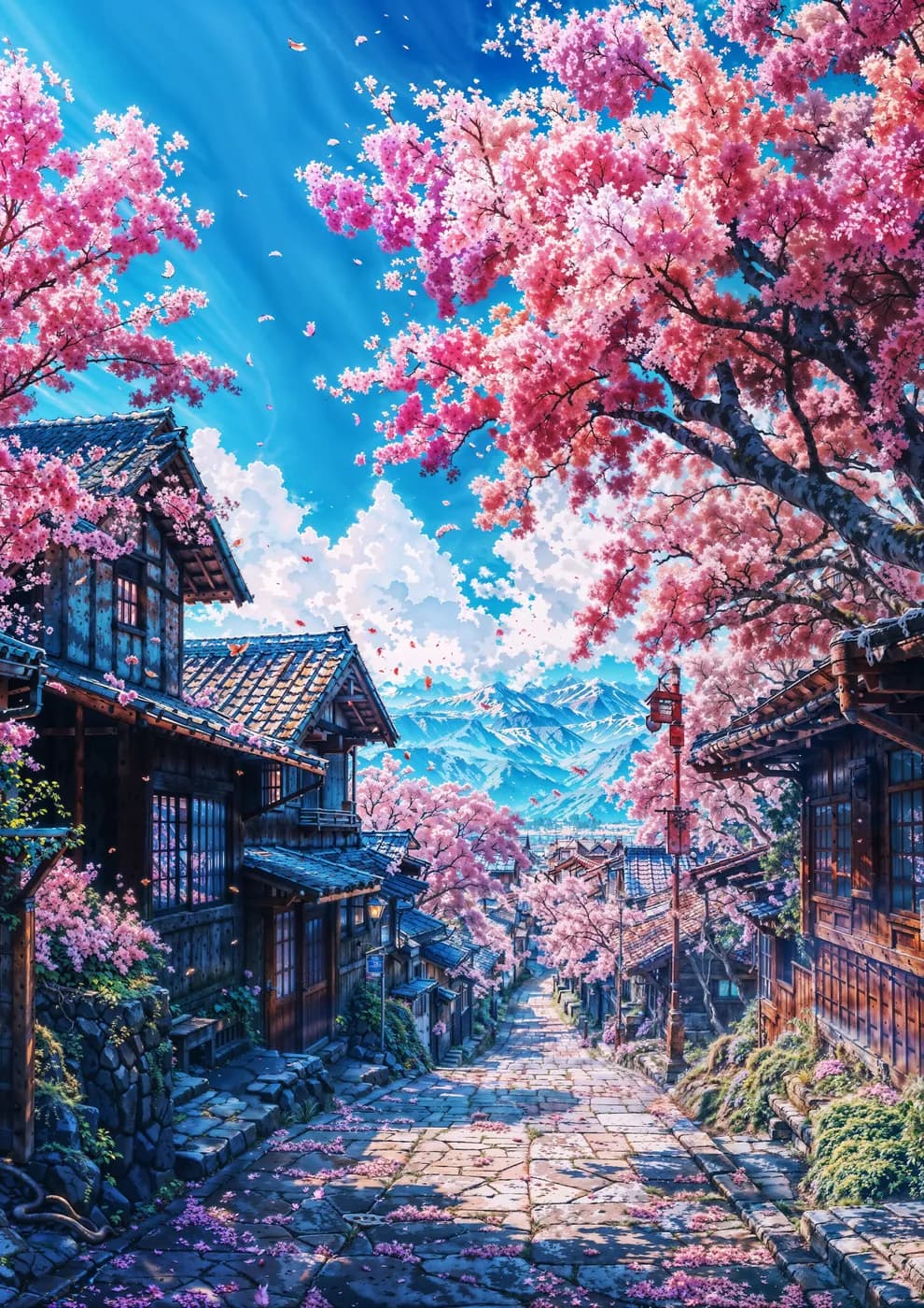 A picturesque Japanese village adorned with cherry blossoms in full bloom, set against a backdrop of majestic mountains and a clear blue sky
