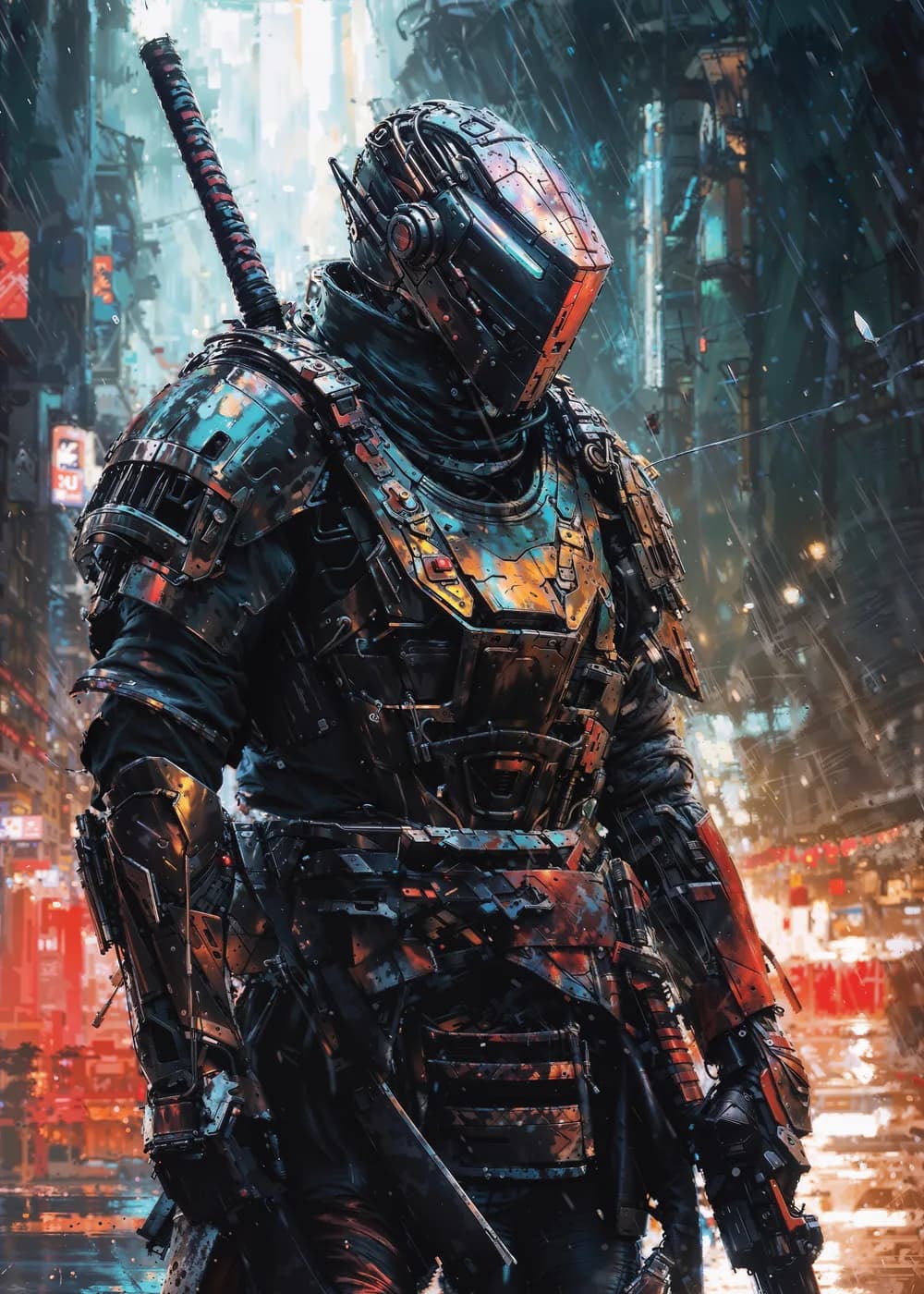 A futuristic samurai clad in high-tech armor stands in a rain-soaked, neon-lit city