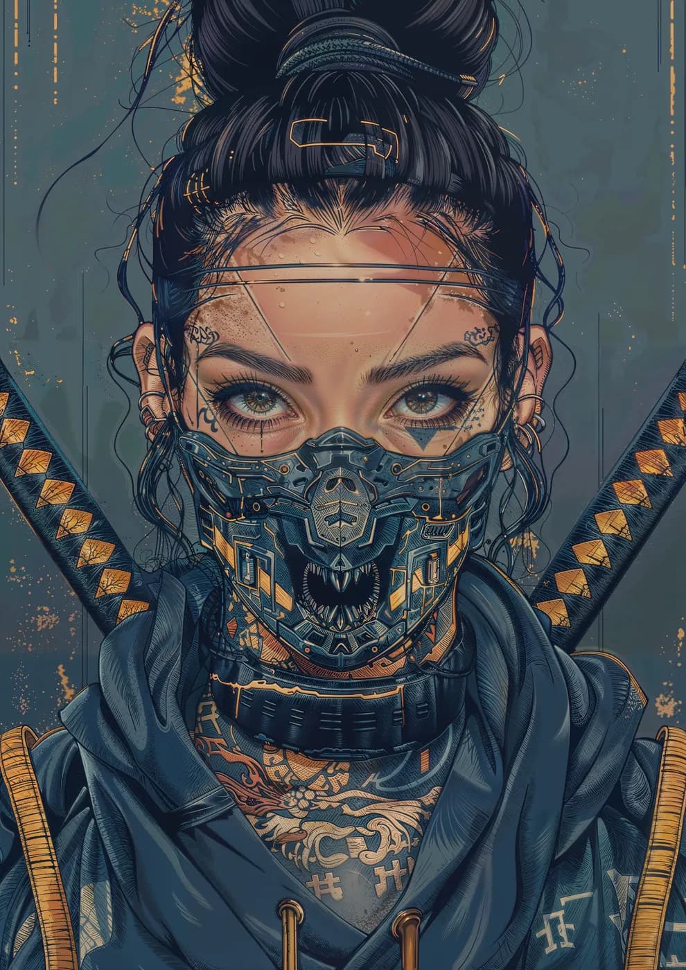 Detailed portrait of a futuristic samurai with a techno-mask and intense eyes