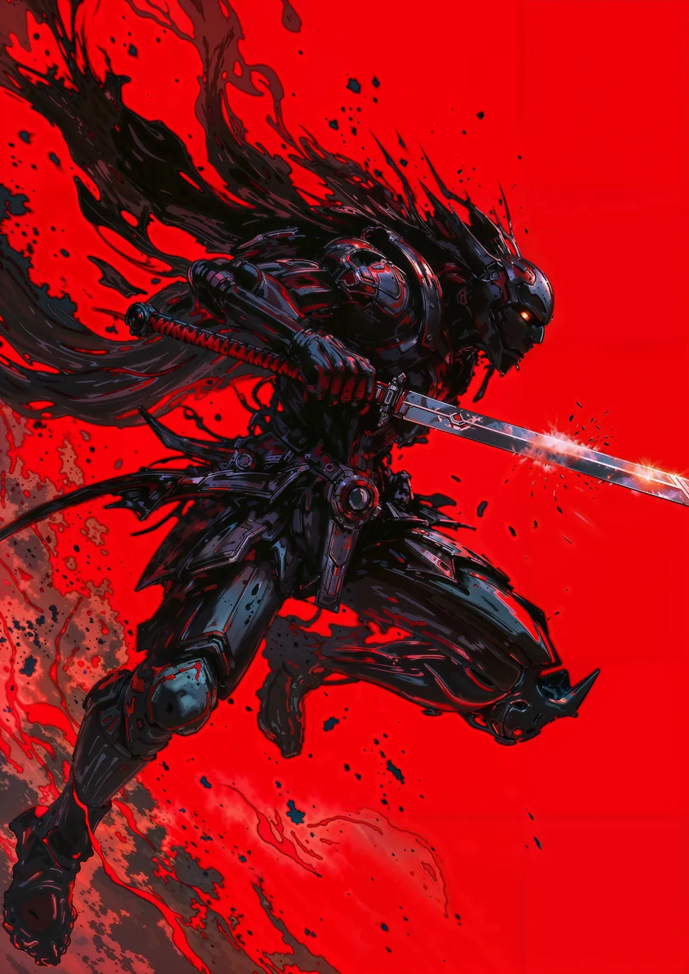 A digital illustration depicts a futuristic samurai warrior clad in black armor, wielding a glowing katana against a vibrant red background. The warrior's face is obscured by a...