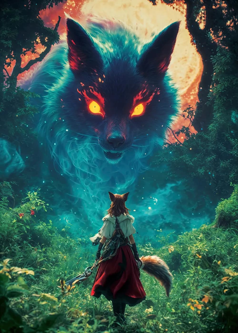 A young warrior with fox ears encounters a colossal, glowing fox spirit in a mystical forest, illuminated by vibrant moonlight
