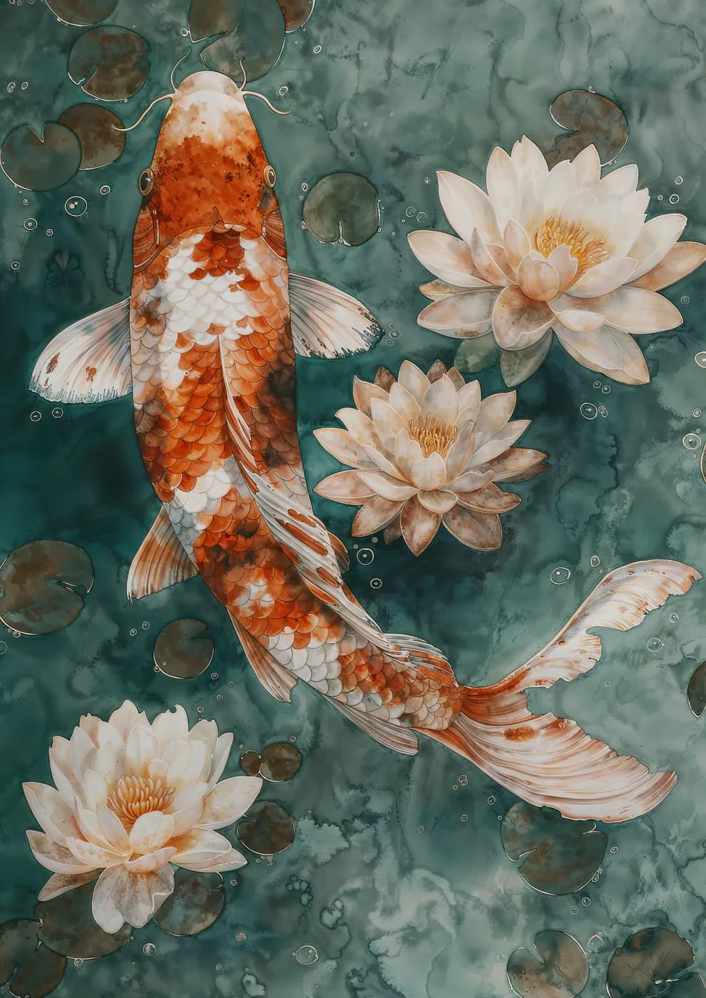 A serene illustration of a koi fish with lotus flowers, blending nature's elegance with digital artistry