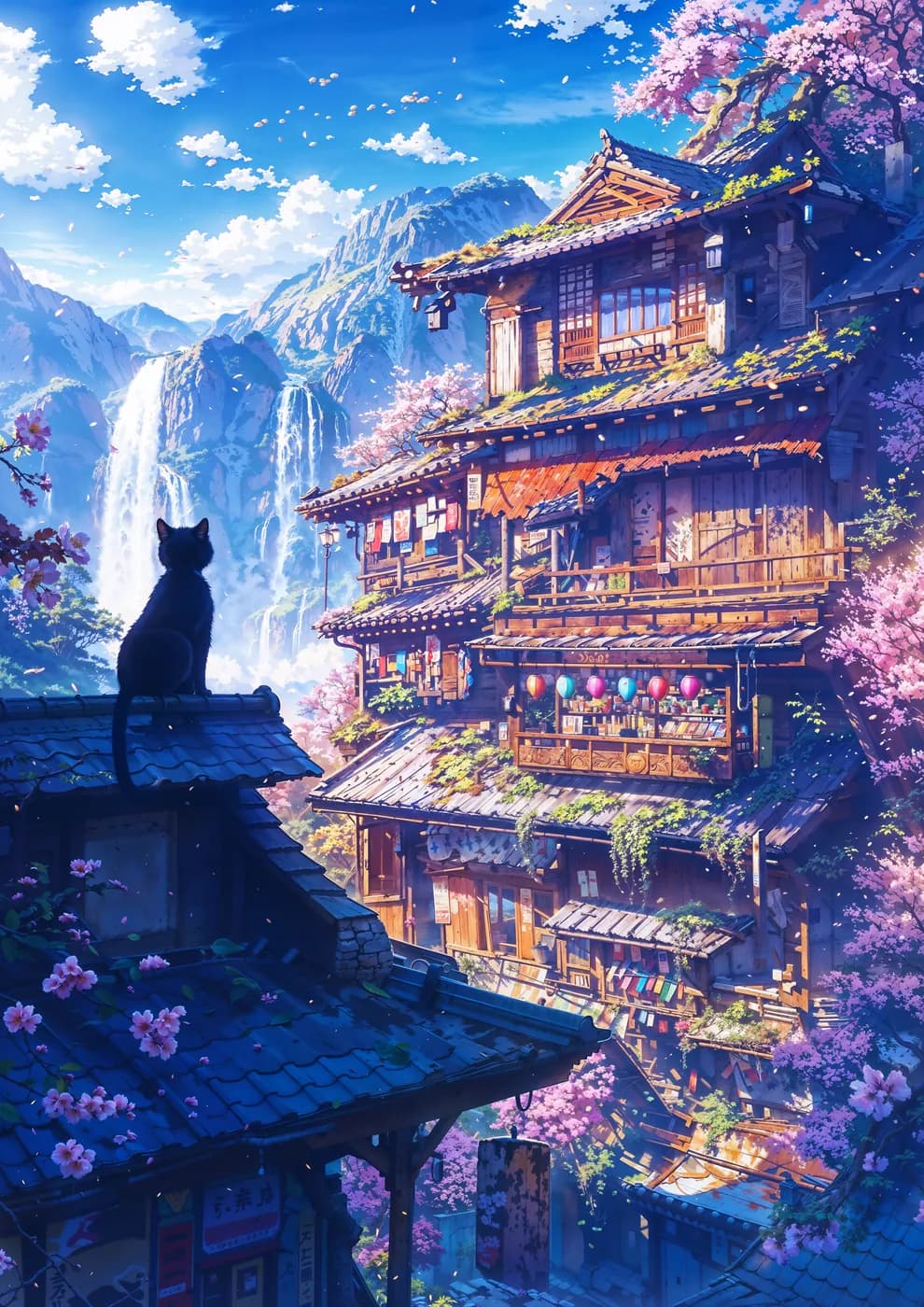 A serene mountain village adorned with cherry blossoms, with a black cat perched on a rooftop, gazing at the stunning Japanese landscape