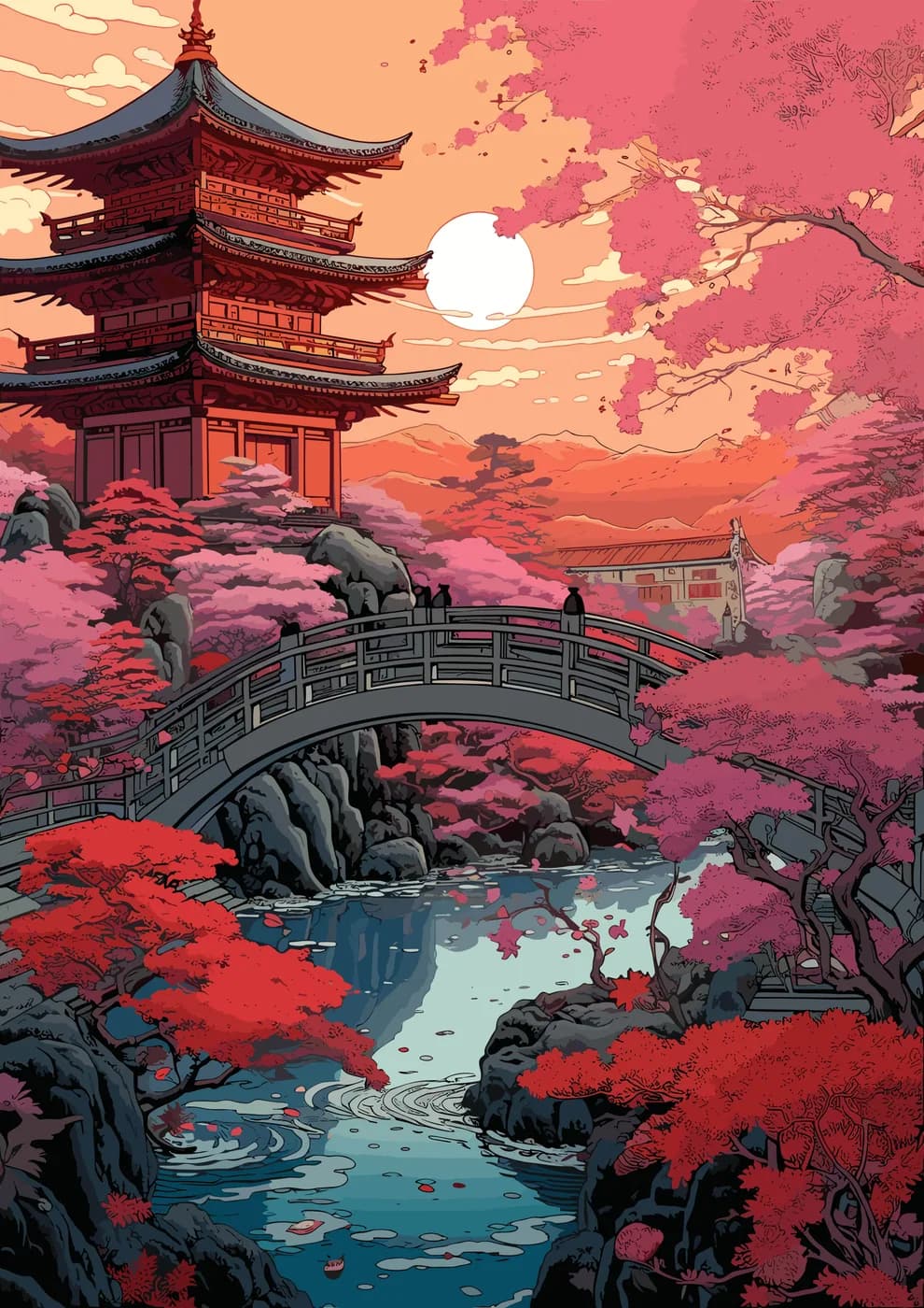 A serene Japanese garden at sunset with a red pagoda, curved bridge, cherry blossoms, tranquil water and warm pink-orange skies