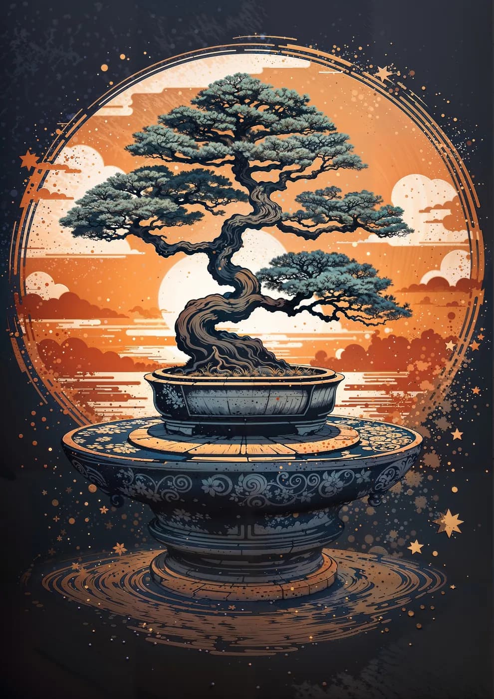 A serene bonsai tree encapsulated within a celestial sphere, symbolizing peace and harmony