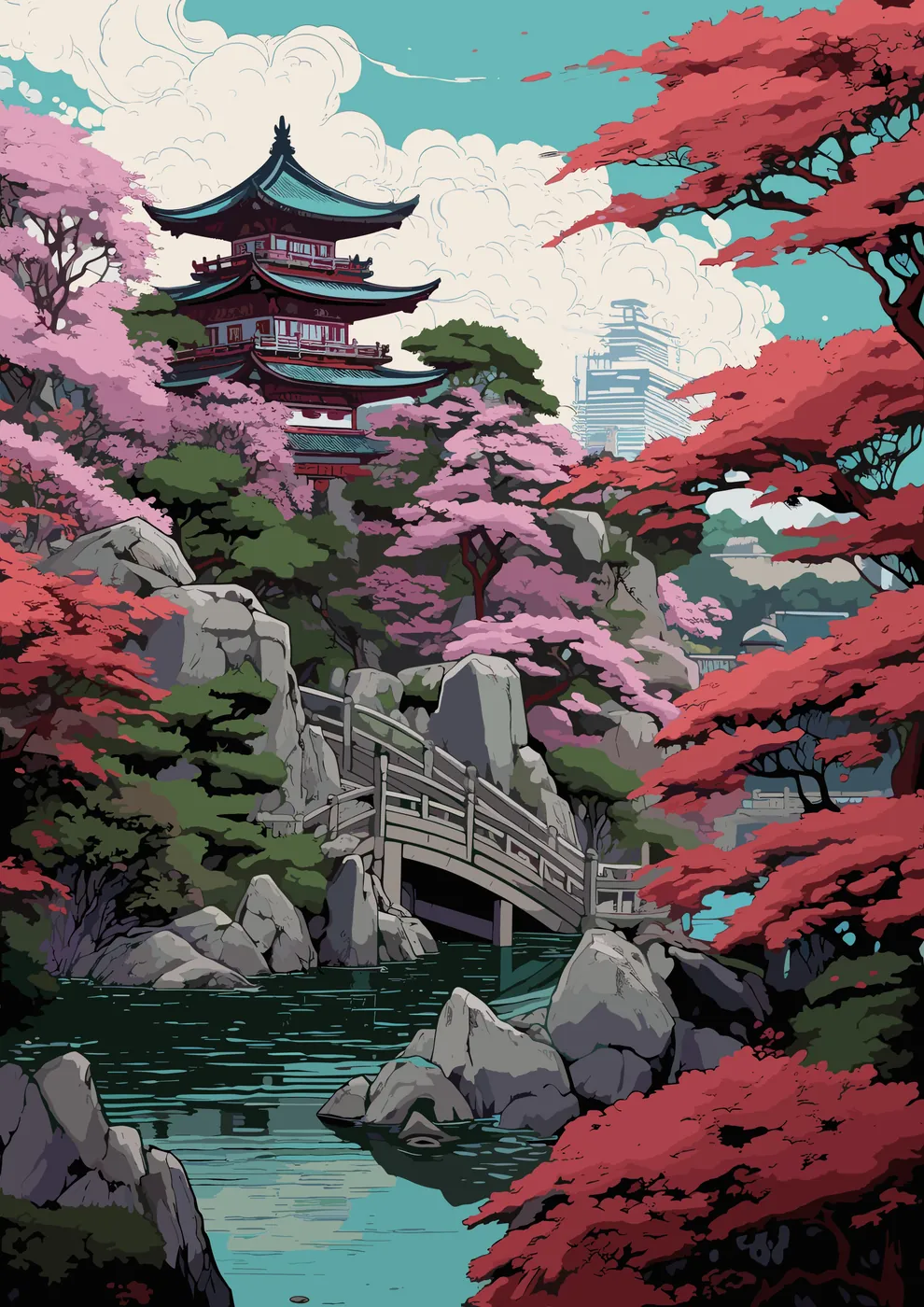 The image depicts a serene Japanese garden scene with a traditional pagoda nestled amidst lush greenery. Pink cherry blossoms adorn the trees, creating a vibrant contrast agains...