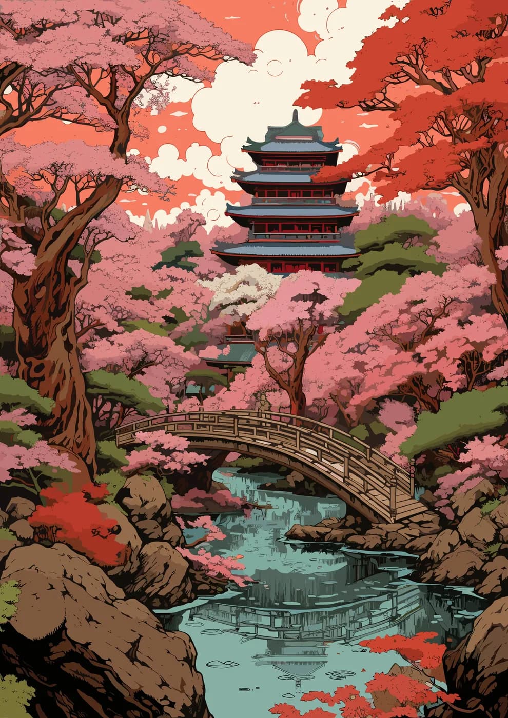 A serene Japanese garden scene unfolds, showcasing a traditional pagoda nestled amidst a vibrant canopy of cherry blossom trees. The pagoda, with its layered roof and red accent...