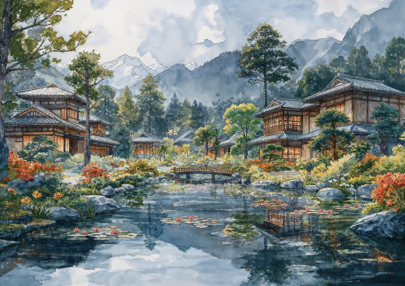A serene watercolor painting of a traditional Japanese village with a reflective pond amidst mountains