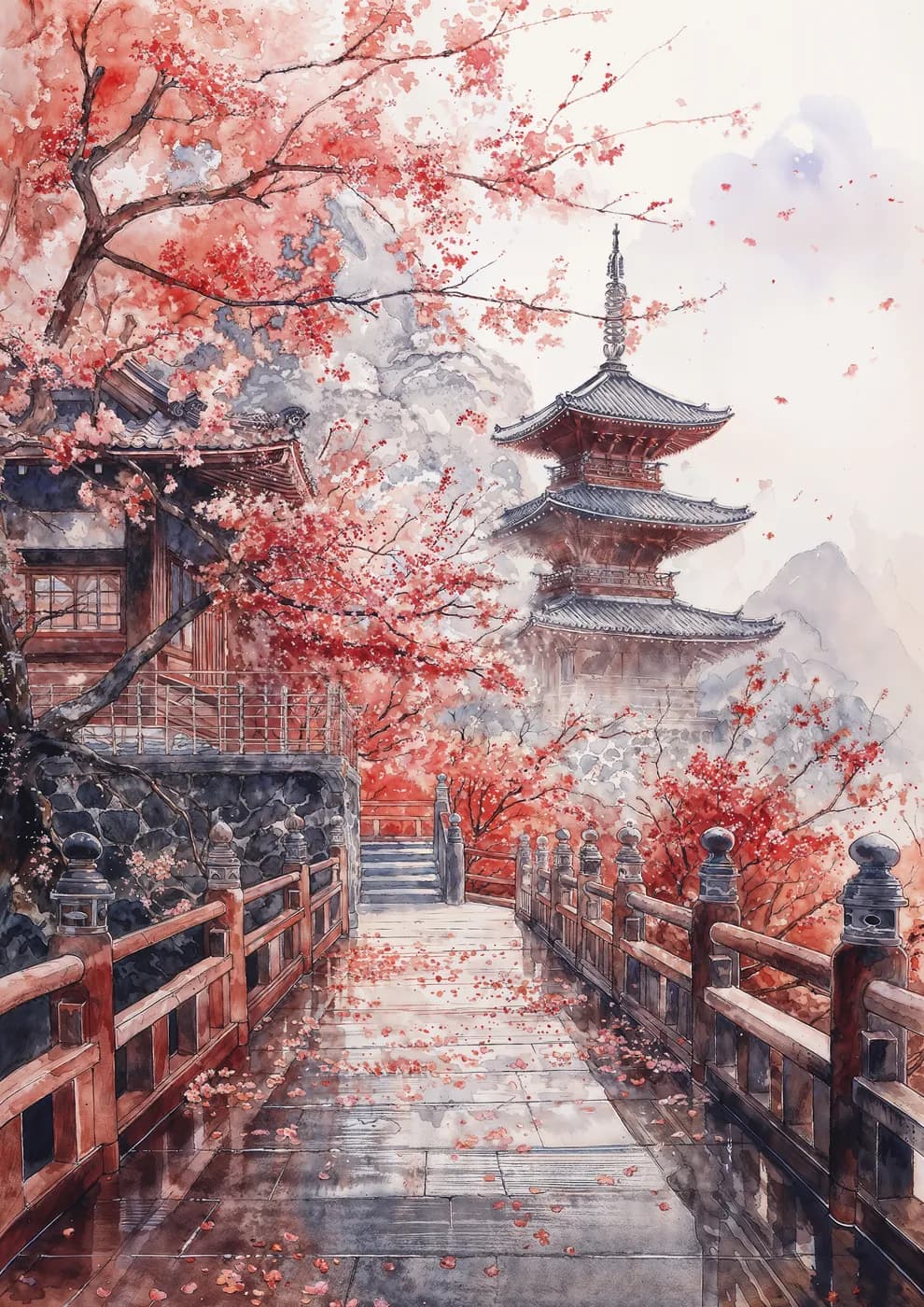 Traditional pagoda and cherry blossoms in watercolor, evoking a serene and historical essence