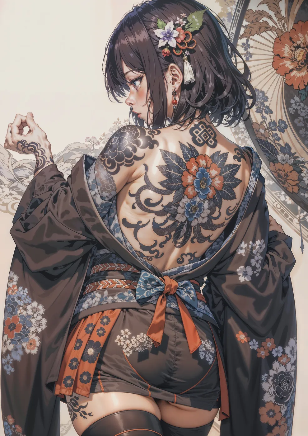 A woman adorned in a kimono reveals elaborate traditional tattoos, a fusion of culture and art