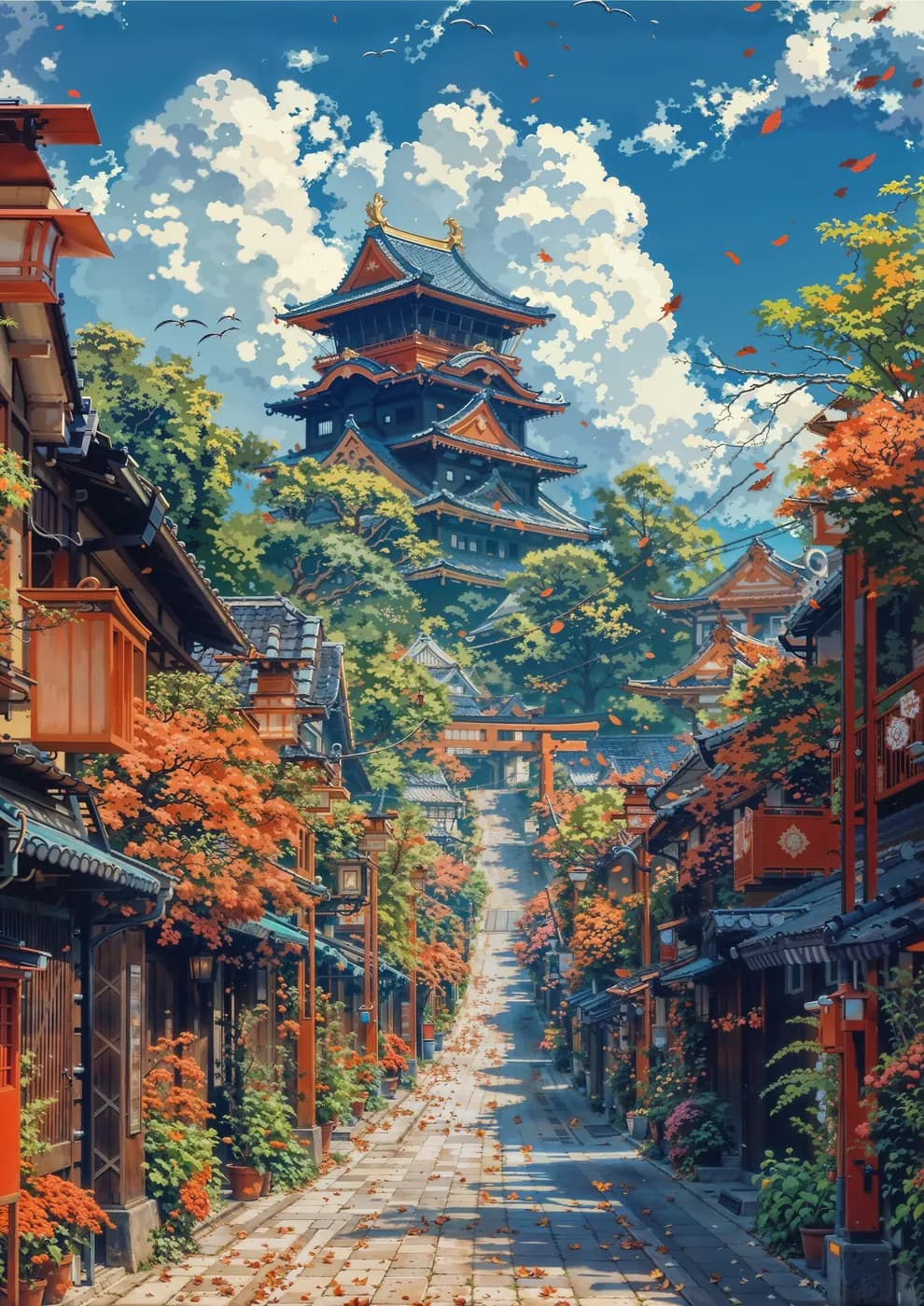 A serene path leading to a traditional Japanese temple, lined with vibrant autumn foliage under a clear sky