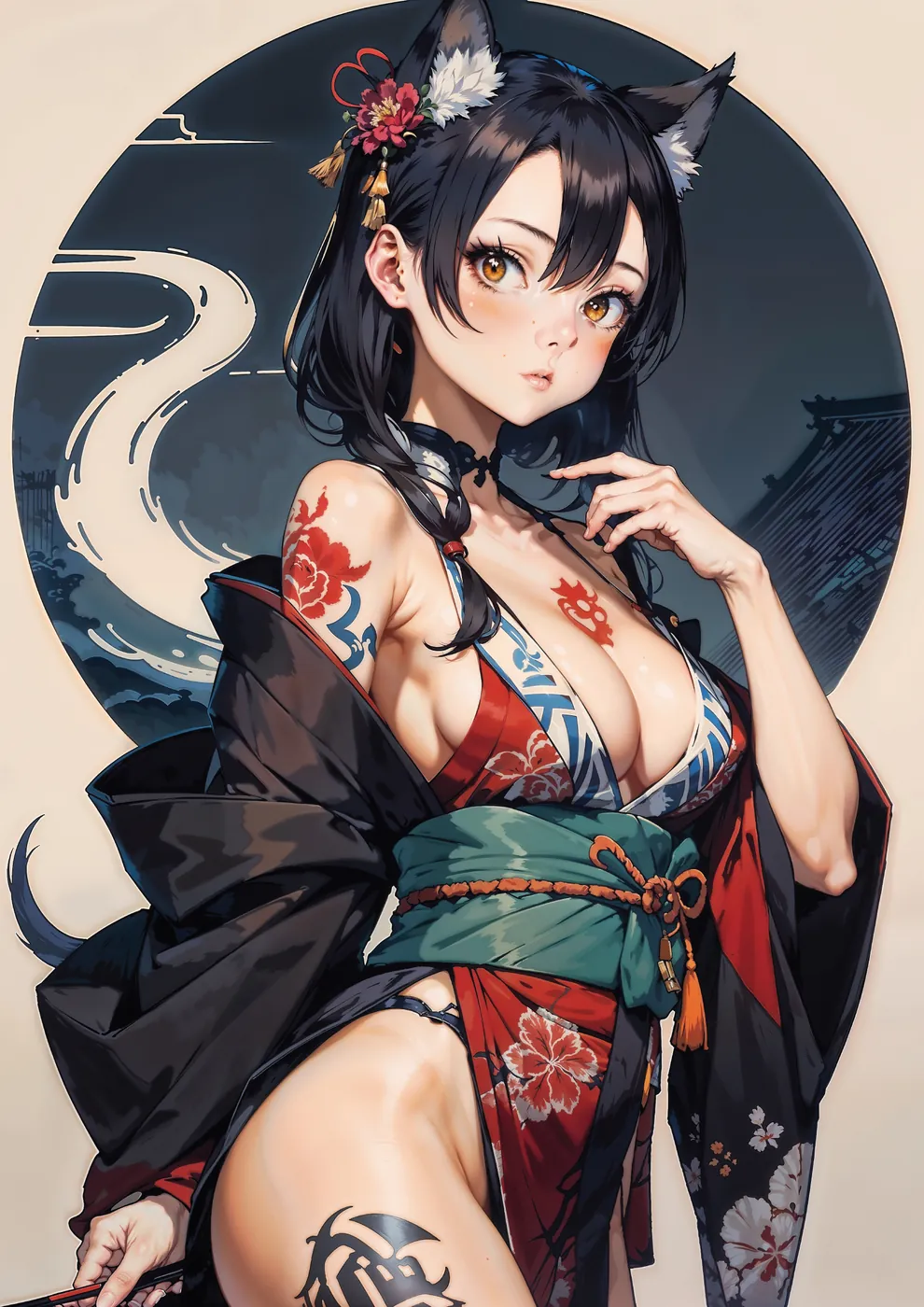 A kawaii-style girl with fox ears and a kimono poses before a traditional Japanese wave backdrop