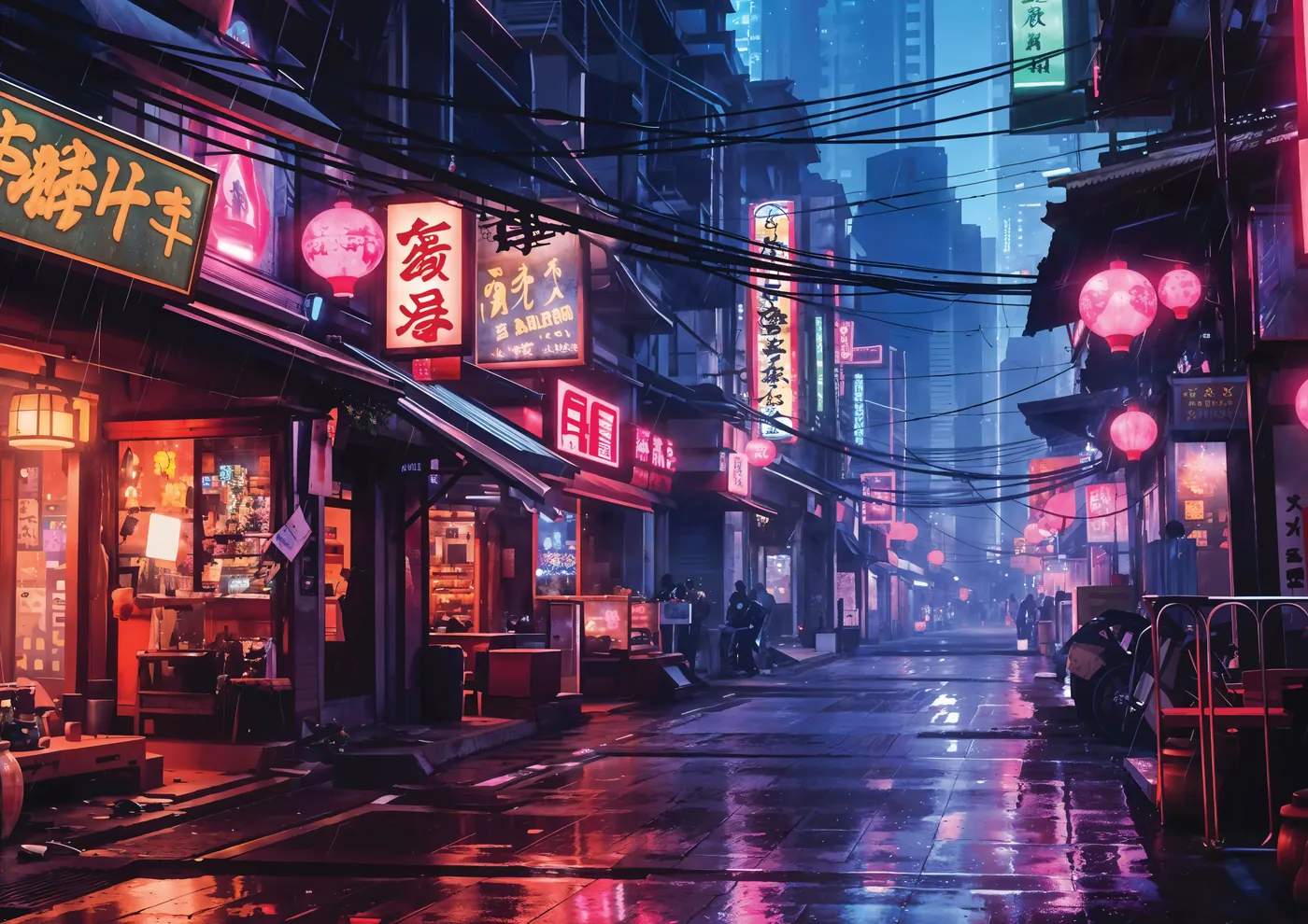 A rainy night in a neon-lit urban street, reflecting the glow of vibrant signs and lanterns. The scene exudes a quiet mysterious atmosphere