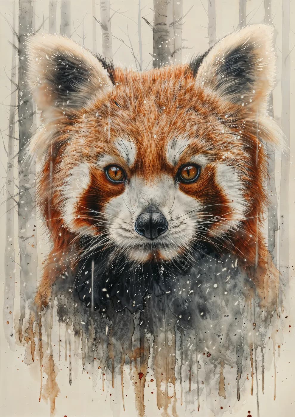 An intense red panda set against a snow-dusted, watercolor forest scene with dynamic drips