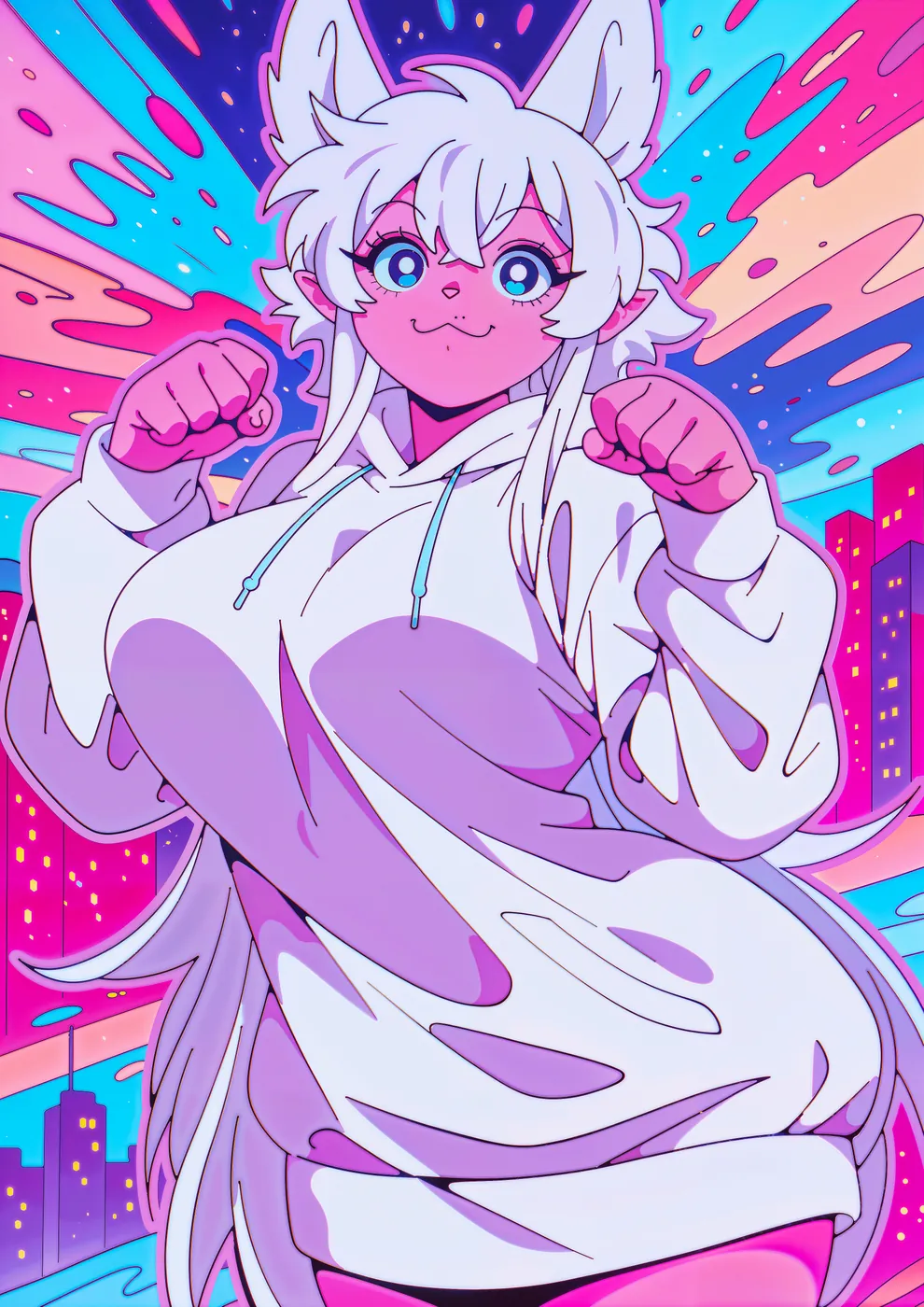 A lively anime-style fox-eared character in a hoodie poses confidently against a neon cityscape, bursting with vibrant colors and energy. The image features a female anime chara...