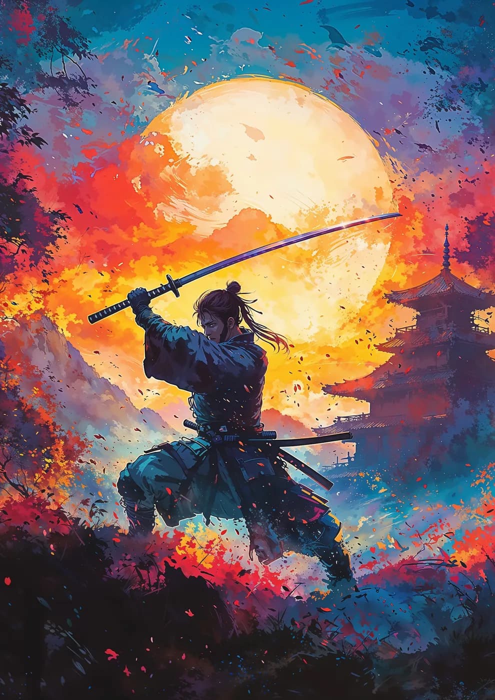 A digital painting depicts a samurai warrior in a dynamic pose, wielding a katana against a vibrant backdrop. The warrior is clad in traditional black clothing, his face determi...
