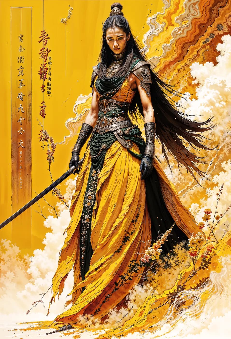A female warrior stands confidently, her long black hair flowing behind her. She is dressed in a flowing yellow gown adorned with intricate embroidery and a dark green bodice. H...