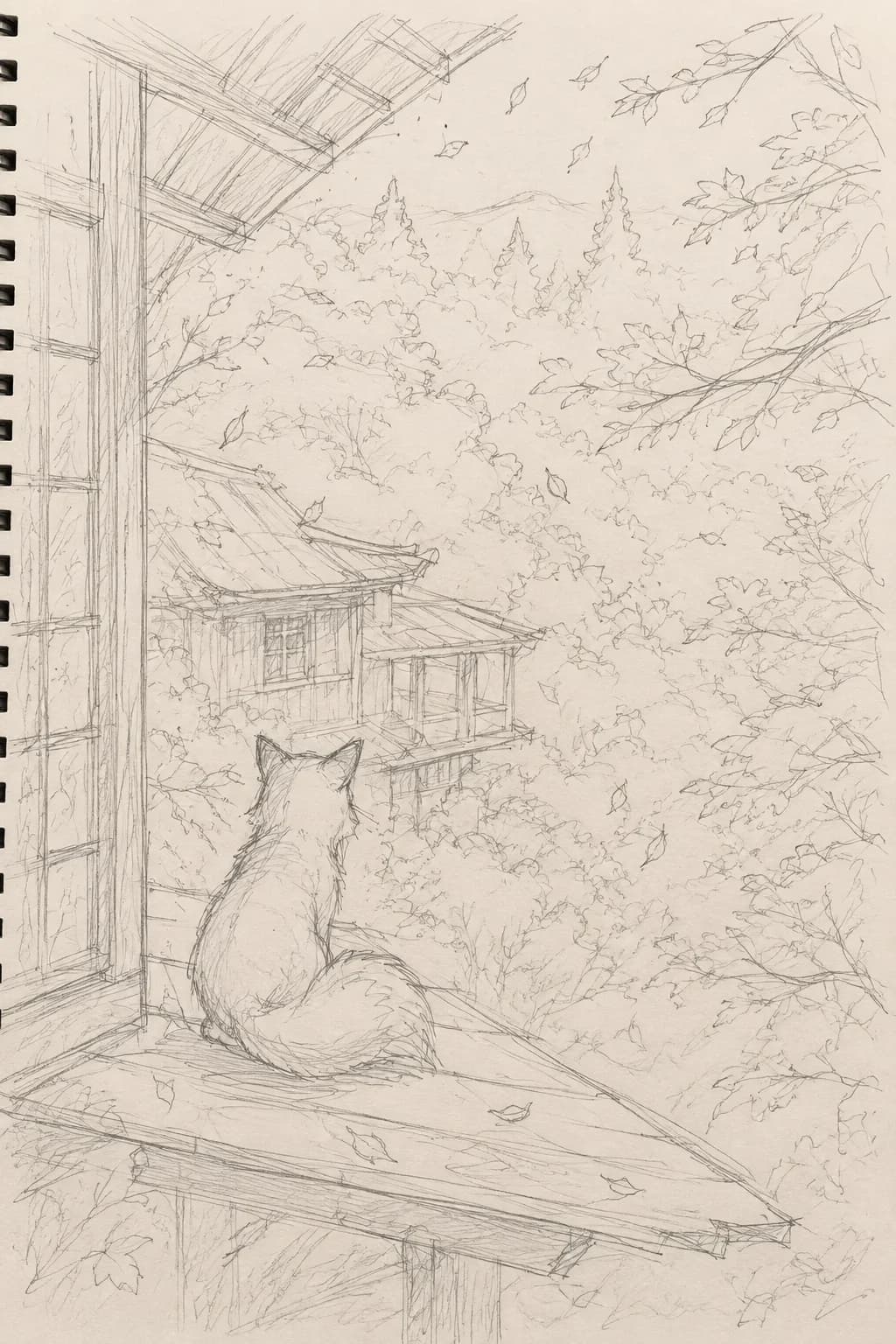 Pencil planning sketch of a fox overlooking a Japanese mountain environment