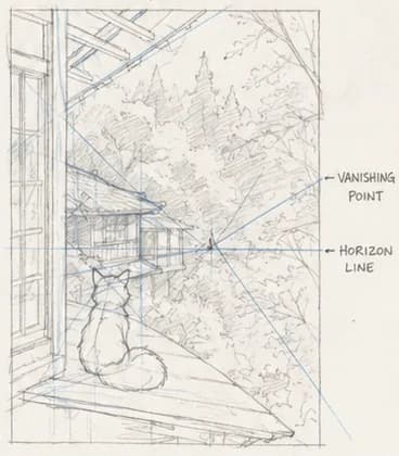 Fox scene perspective study marked with horizon and vanishing point guides