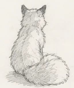 Small pencil study of a seated fox viewed from behind