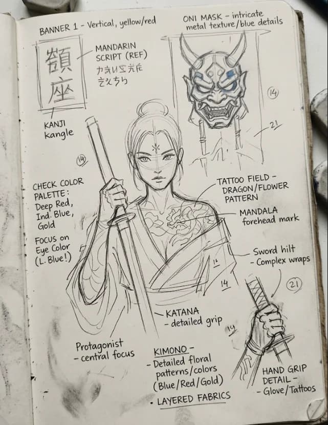 Annotated samurai character planning sheet with colour and costume notes