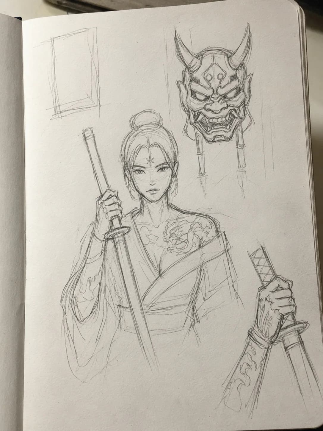 Detailed pencil study of a samurai woman with mask, hand and sword details
